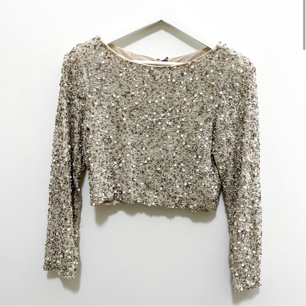 Alice + Olivia Gold Silver Sequin Jewels Beads Back Zip Crop Blouse